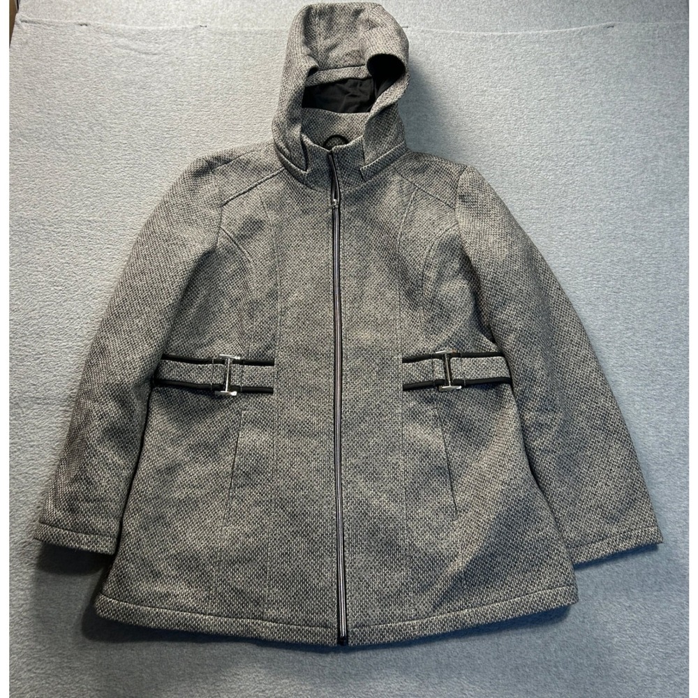 Details Intl Hooded Coat Womens Large Black Gray Zip Front Jacket Buckle Accent